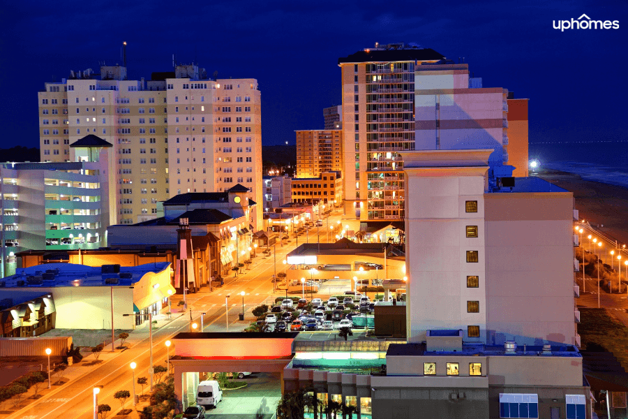 Downtown Virginia Beach, VA at night time with the city lit up