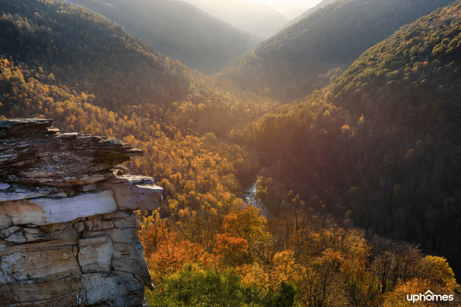 Beautiful mountains in Virginia with the leaves changing colors from green to red, orange and yellow in the fall time