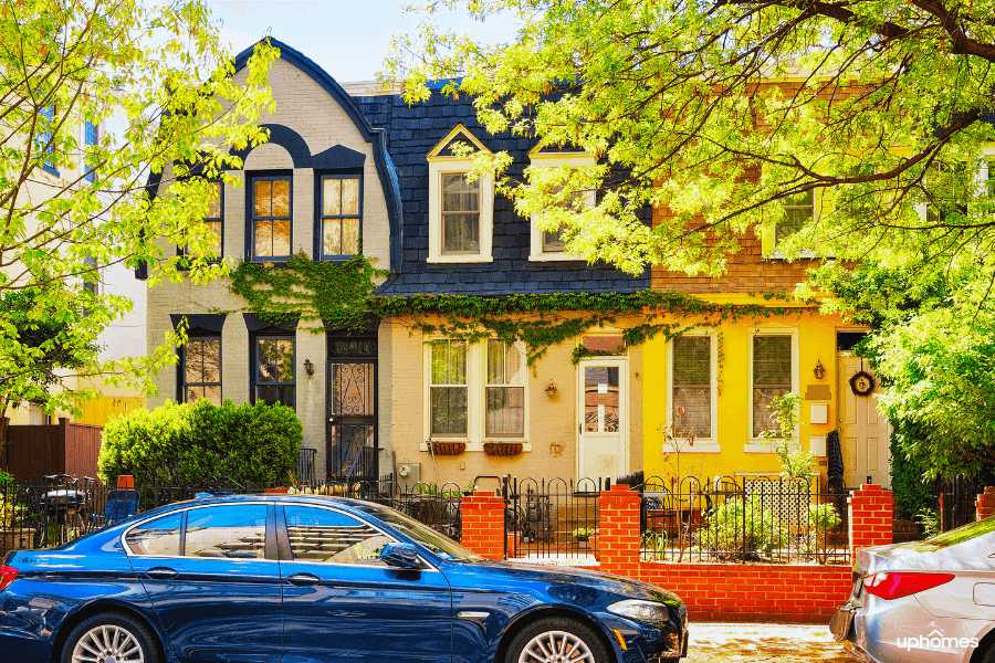 Washington DC Neighborhood with cars lining the streets because no driveways and row houses