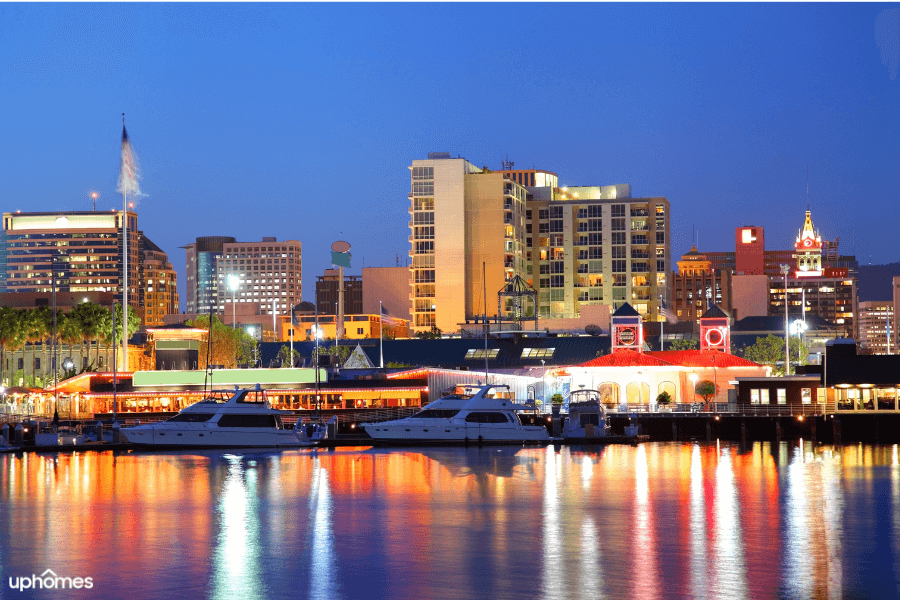 A photo of the city of Oakland, CA with the bay area and water in the image