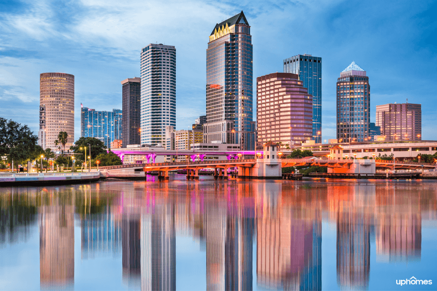 Tampa area buildings and skyline as the sun begins to set with the water in the foreground