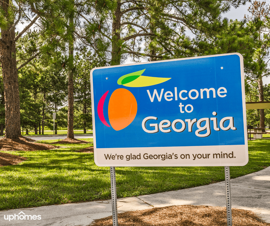 Welcome to Georgia Sign with Peach and park in background