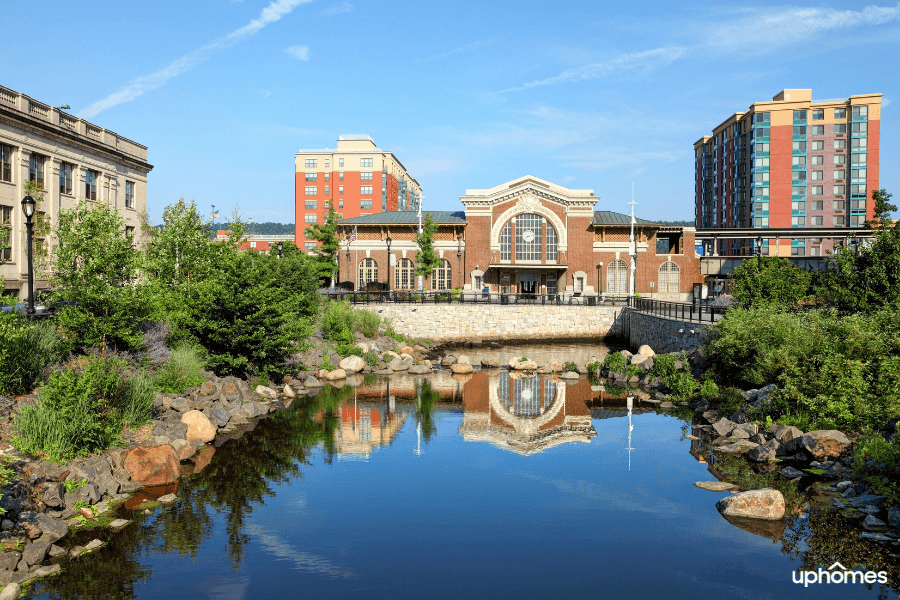 Downtown Yonkers, NY with city buildings and beautiful water