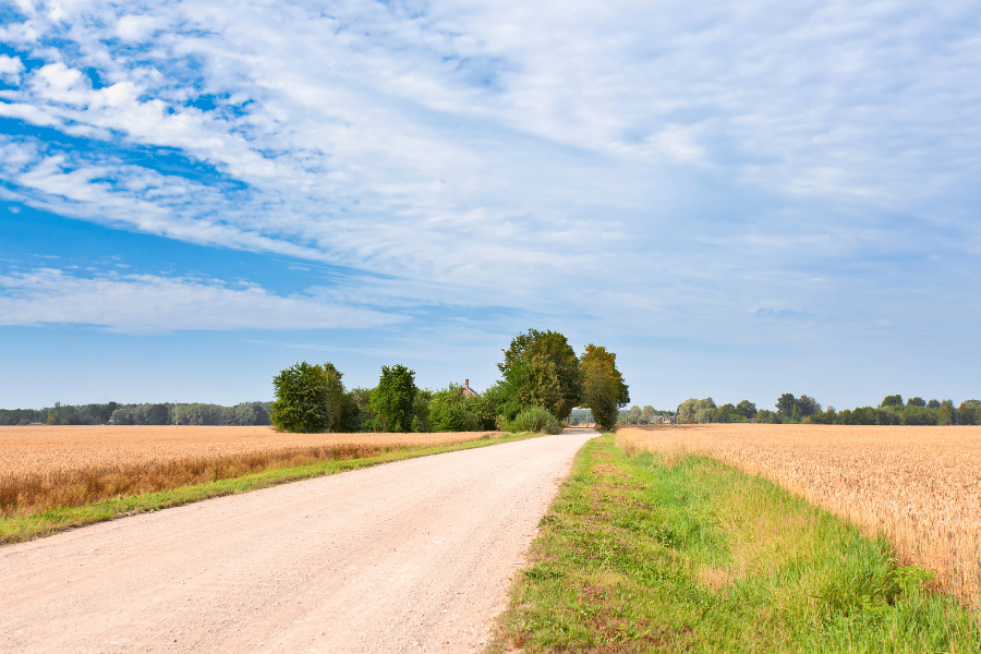Country roads in Sioux Falls, South Dakota with trees and grass on a sunny day
