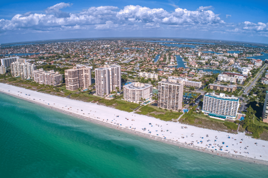 Marco Island Aerial View of the beach, buildings, and homes