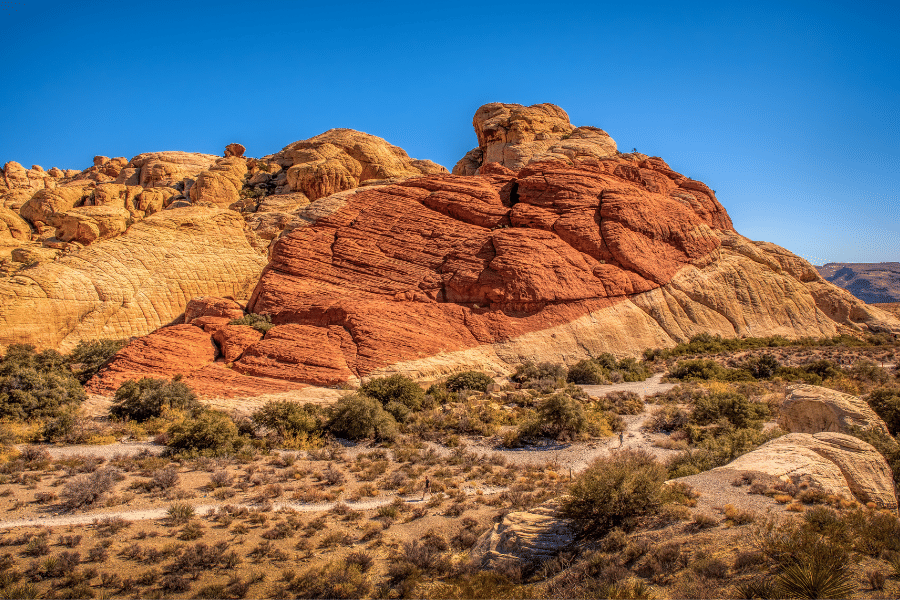 Red Rock Canyon on a beautiful sunny day in Nevada with clear blue skies and desert plants
