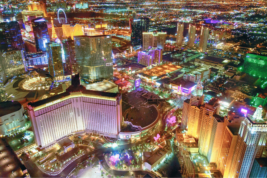Las Vegas, NV city view at night with bright lights and buildings