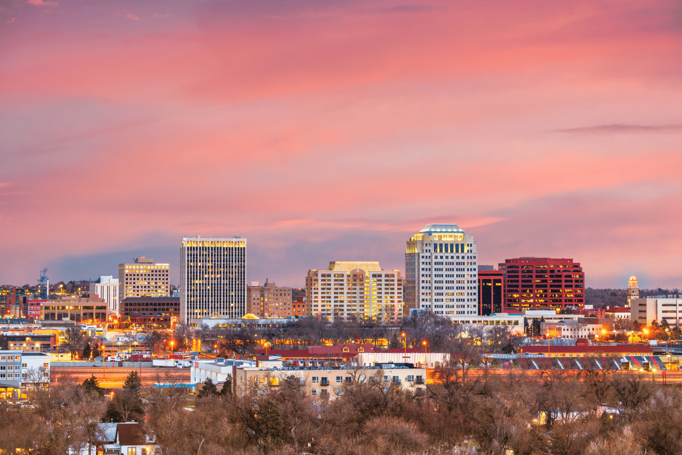 Downtown Colorado Springs sunset with the mountains in the background