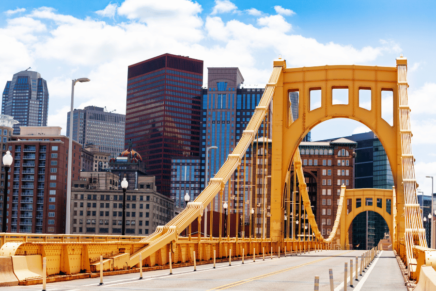 Pittsburgh bridge looking to the city skyline