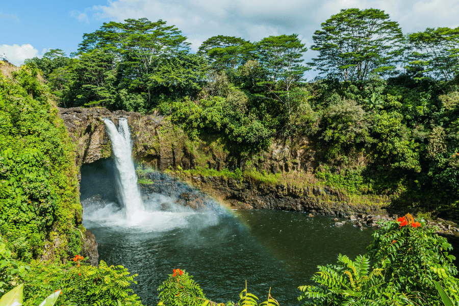 Beautiful waterfall and lush forest with rainbow in Hilo, HI