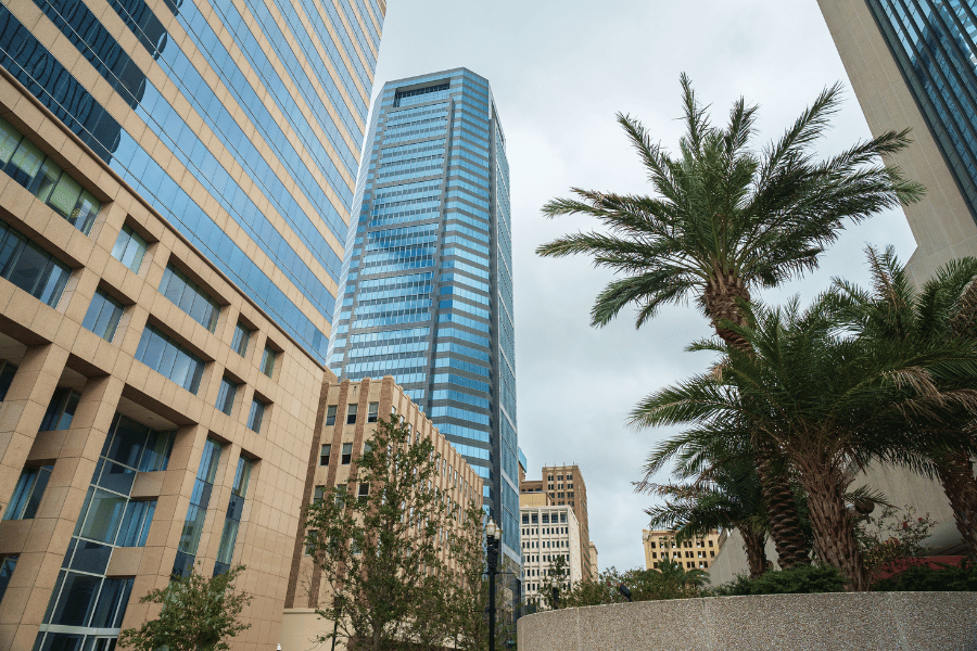 Looking up at buildings in Downtown Jacksonville, FL