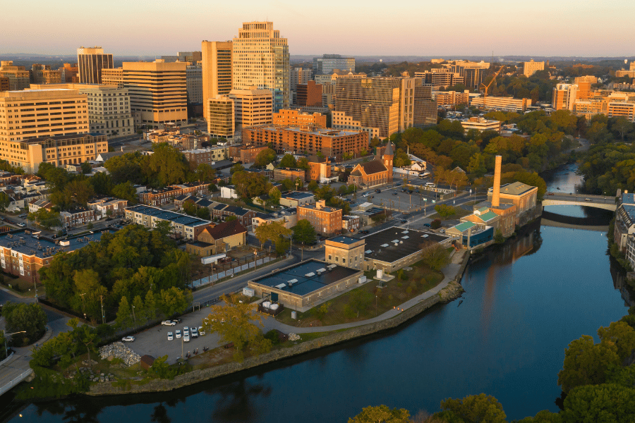 Downtown Wilmington birdseye view during sunset hour