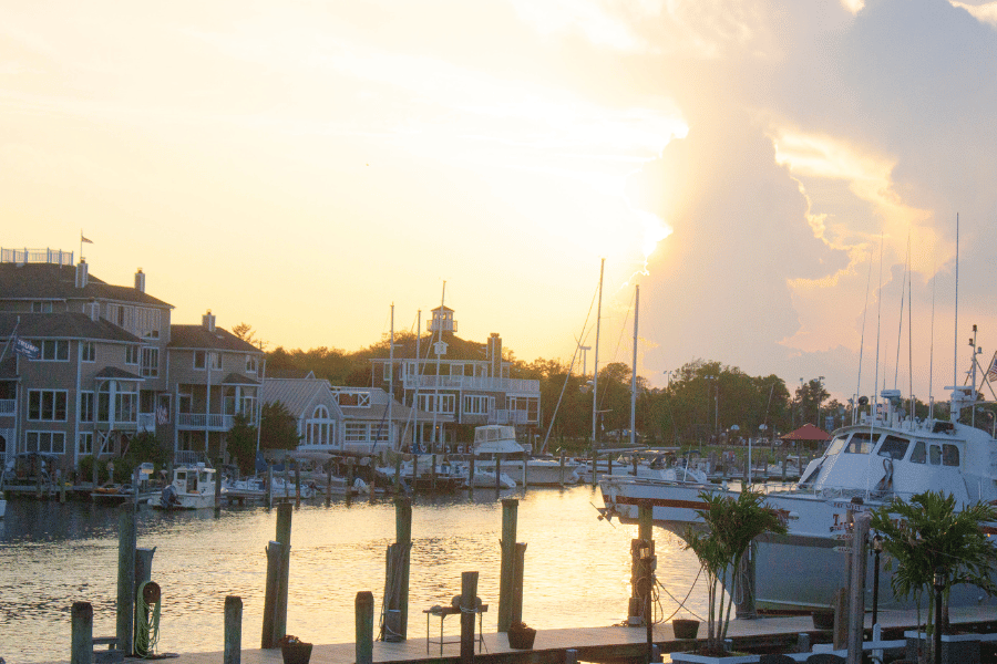 Sunset view by the water in Lewes DE with boats in the water