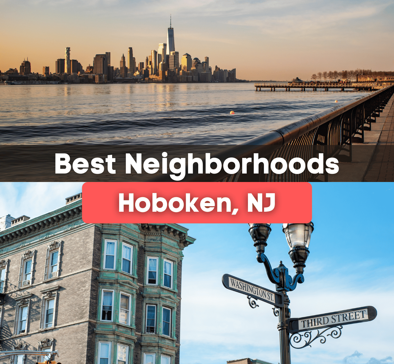 Hoboken, NJ waterfront and city street 
