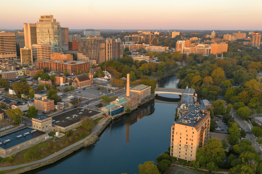 Wilmington DE city overview with sunset