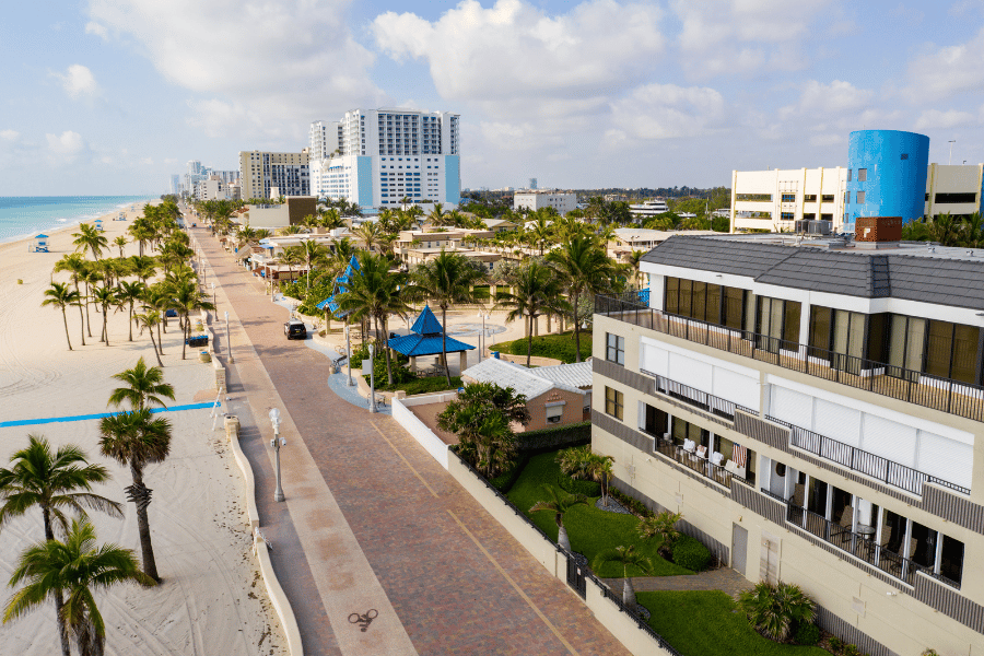 Hollywood Beach Broadwalk aerial view of beach and businesses