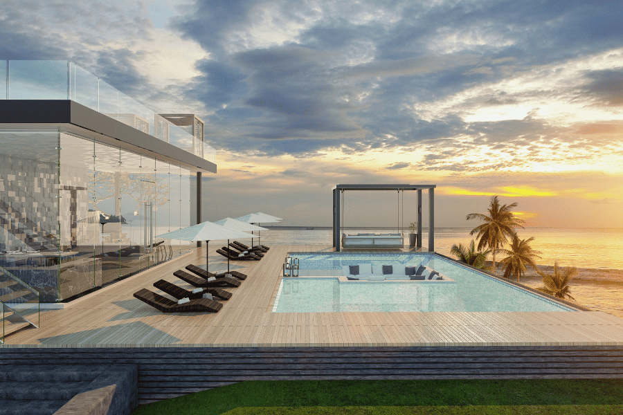 Beach home near the water during sunset