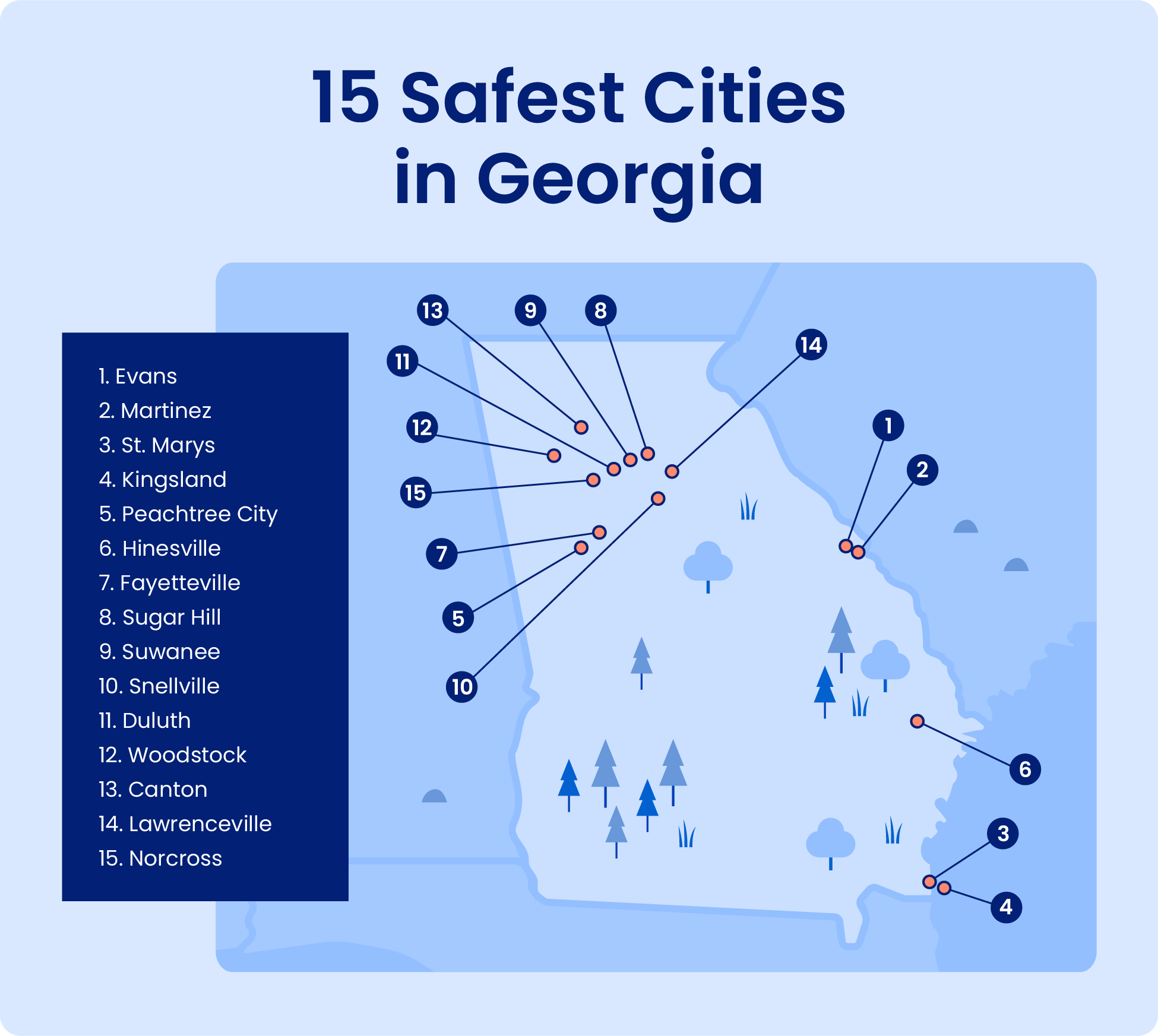 Map shows locations of the 15 safest cities in Georgia.