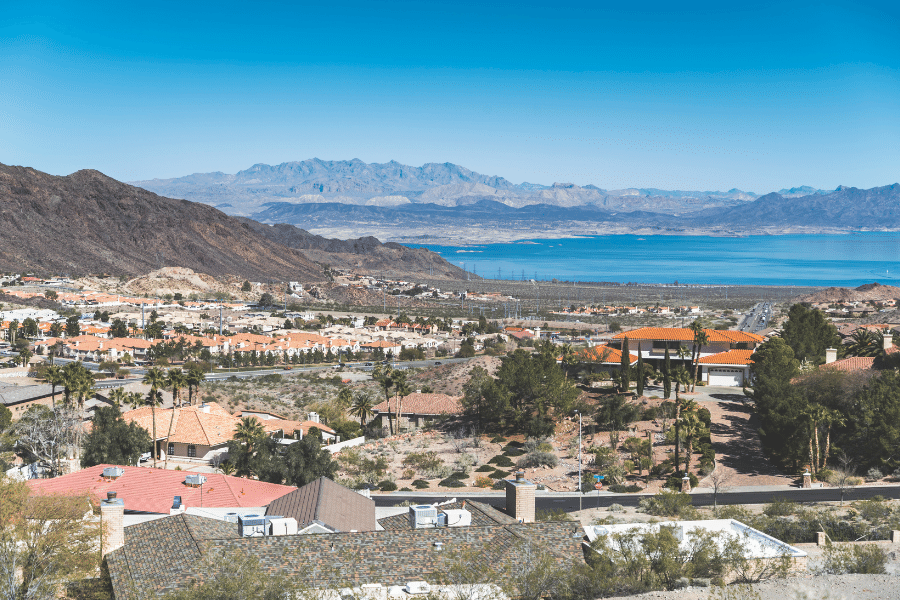 Beautiful view of Boulder City with the lake and mountains in the background