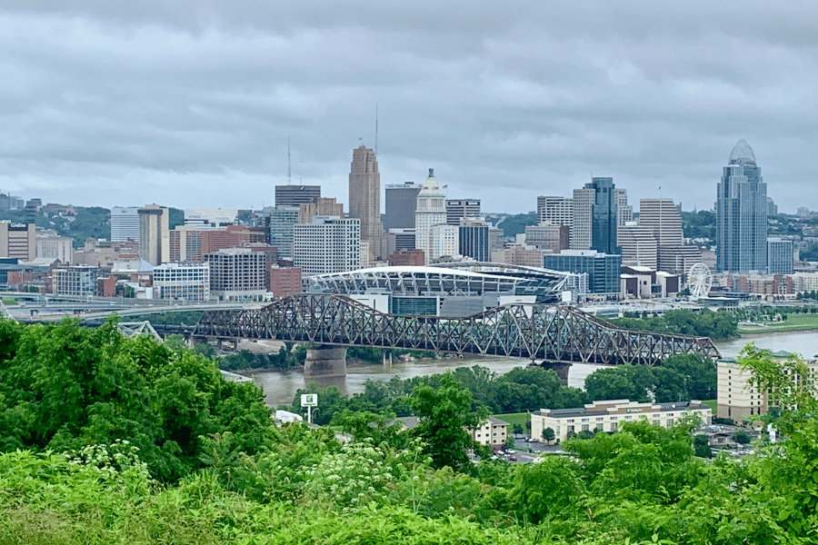 Cloudy day in Cincinnati with perfect views of the skyline and bridge
