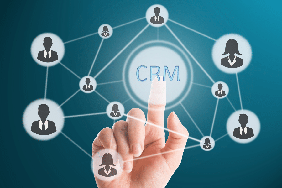 CRM chart on a blue background that connects customers to each other