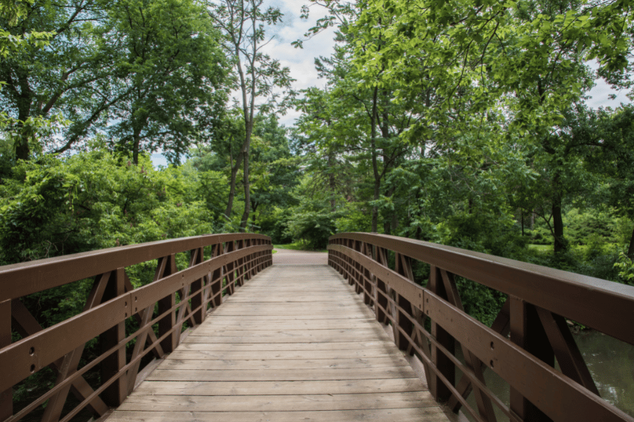 Naperville, IL footbridge surrounded by woods