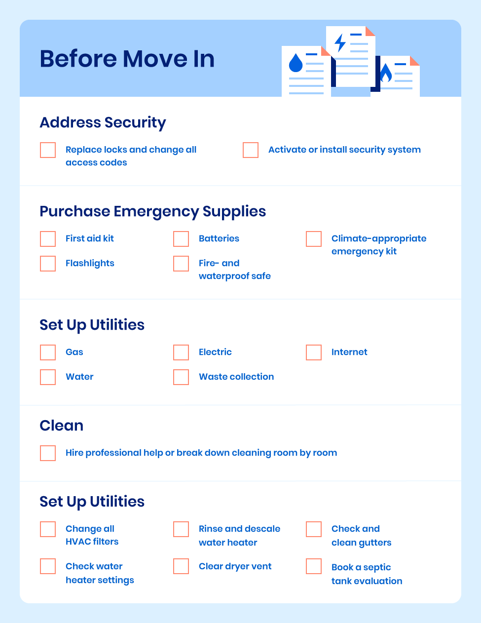 Checklist covers what to after after buying a house before you move in.