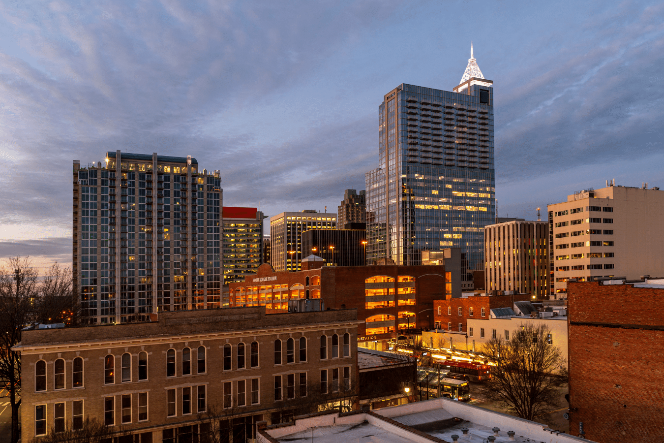 The city of Raleigh North Carolina at sunset with a unique perspective of the downtown skyline