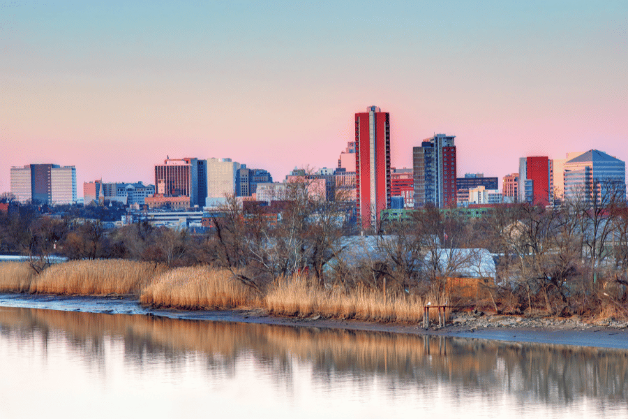 Wilmington DE City View From River During Sunset