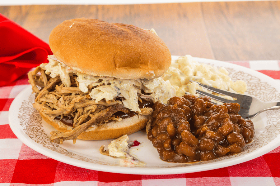 Memphis barbecue sandwich with baked beans and mac and cheese