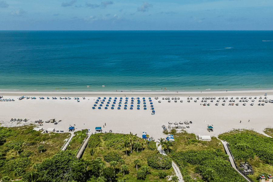 Marco Island Residents Beach with chairs and umbrellas