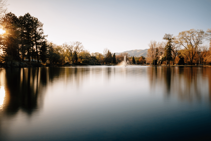 Idlewild Park during the sunset in Reno, Nevada with a fountain