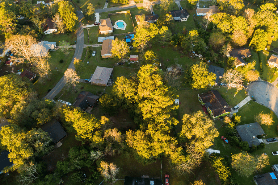 Tallahassee,FL suburban area with lots of trees and single-family homes 