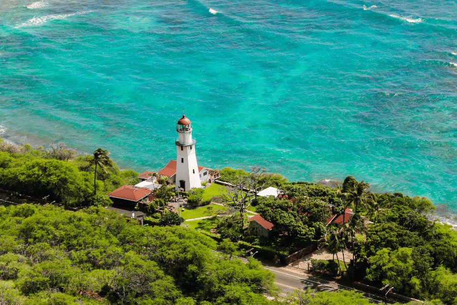 Diamond Head Lighthouse in Honolulu near beautiful blue water