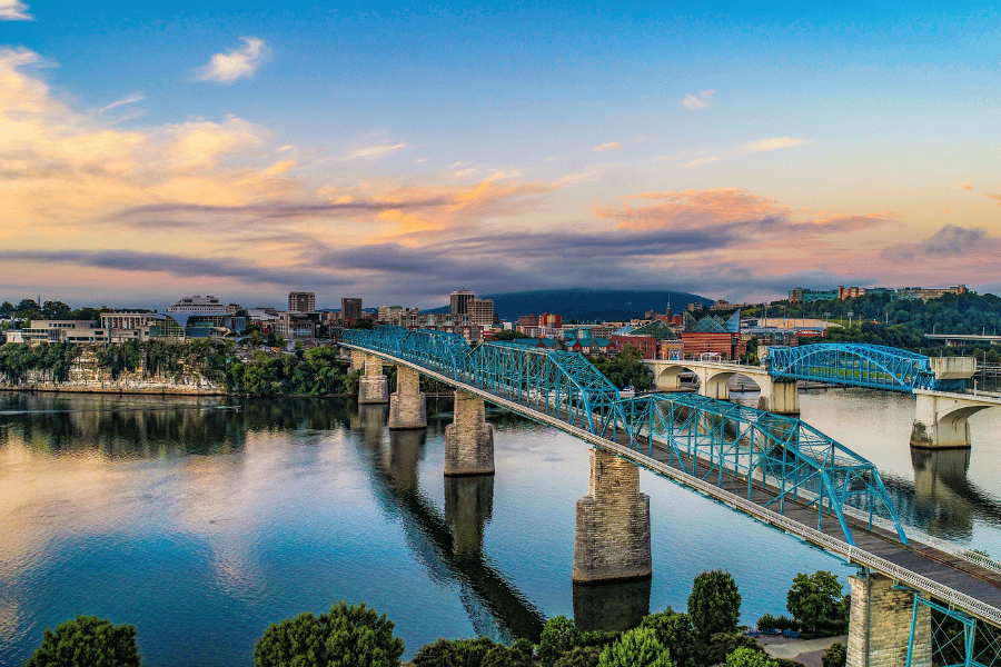 view of Downtown Chattanooga with bridge during sunset