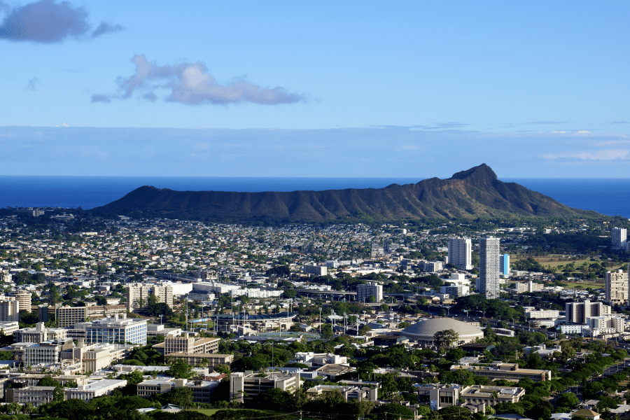 Kaimuki in Honolulu on a sunny day with Diamond Head in the background