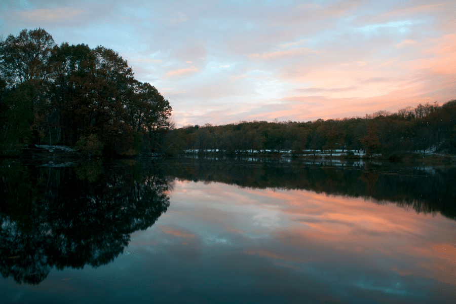 Van Cortlandt Park in The Bronx with a blue and pink sunset 