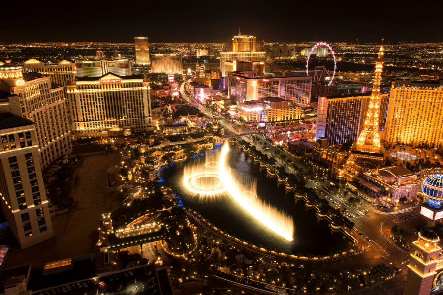 The Las Vegas Strip at night overlooking the Bellagio Hotel and Casino