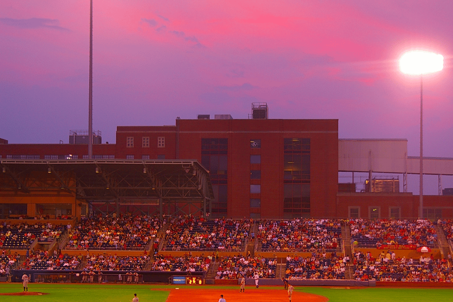 Baseball stadium game in sunset