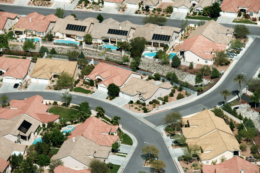 Aerial view of a Henderson, NV neighborhood on a bright and sunny day 