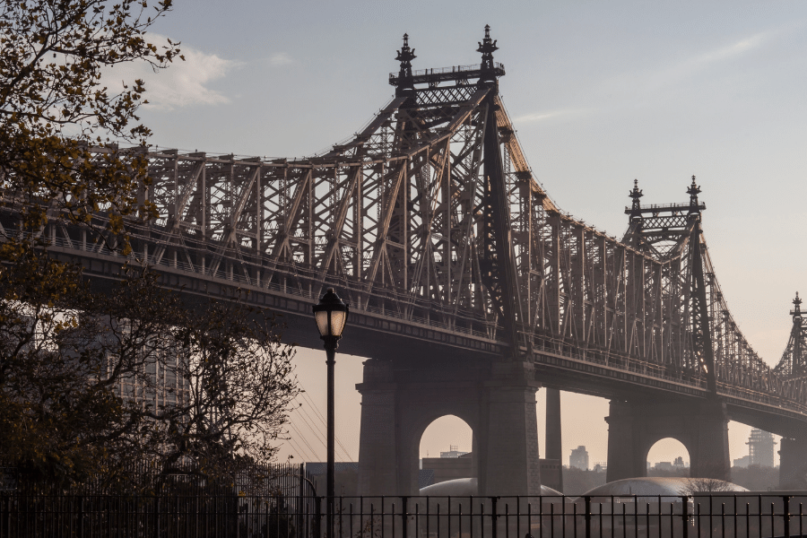 Queensboro Bridge with trees and a lamp post