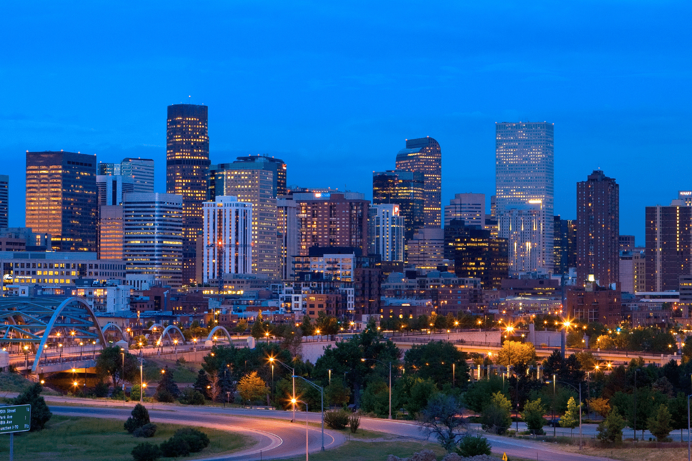 A night time view of the city skyline in Denver Colorado