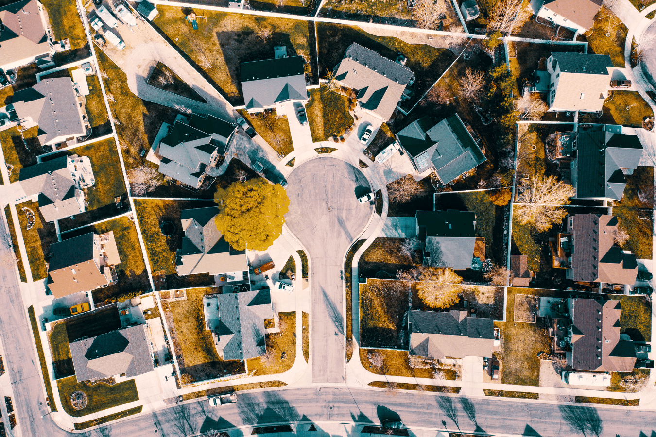 Subdivision aerial view of homes lined up for neighborhood