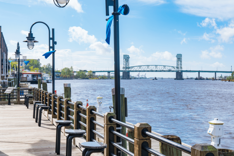 Wilmington riverwalk view of the bridge on the water