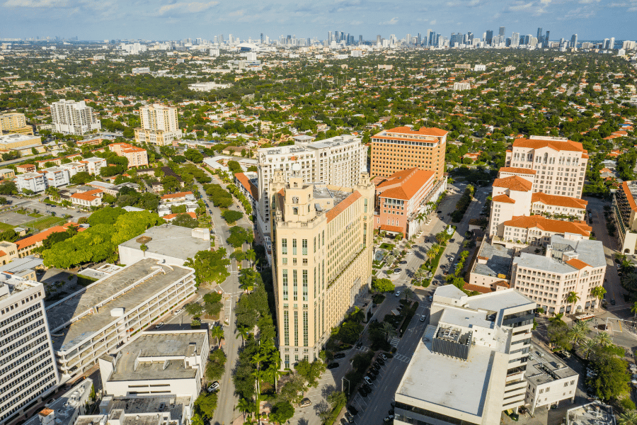 Aerial view of Coral Gables, FL near miami downtown 