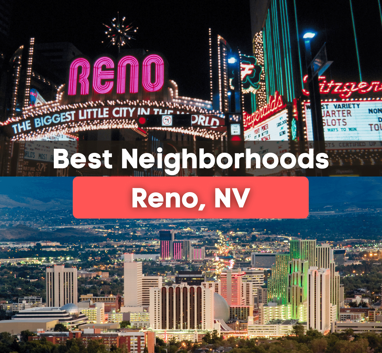 Reno, Nevada at night with bright lights