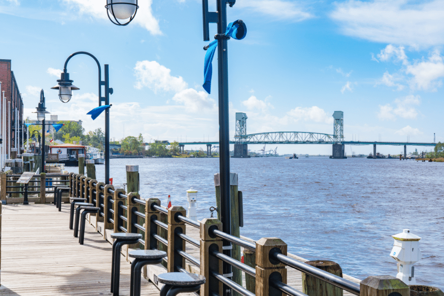 Wilmington NC waterfront view of bridge in background