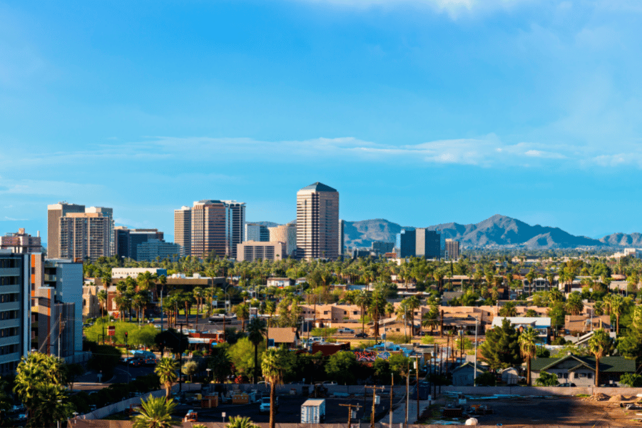city of Scottsdale, AZ on a bright sunny day with buildings and houses