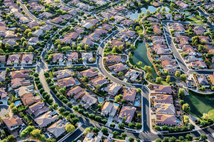 Aerial view of large houses and greenery in Chandler, Arizona