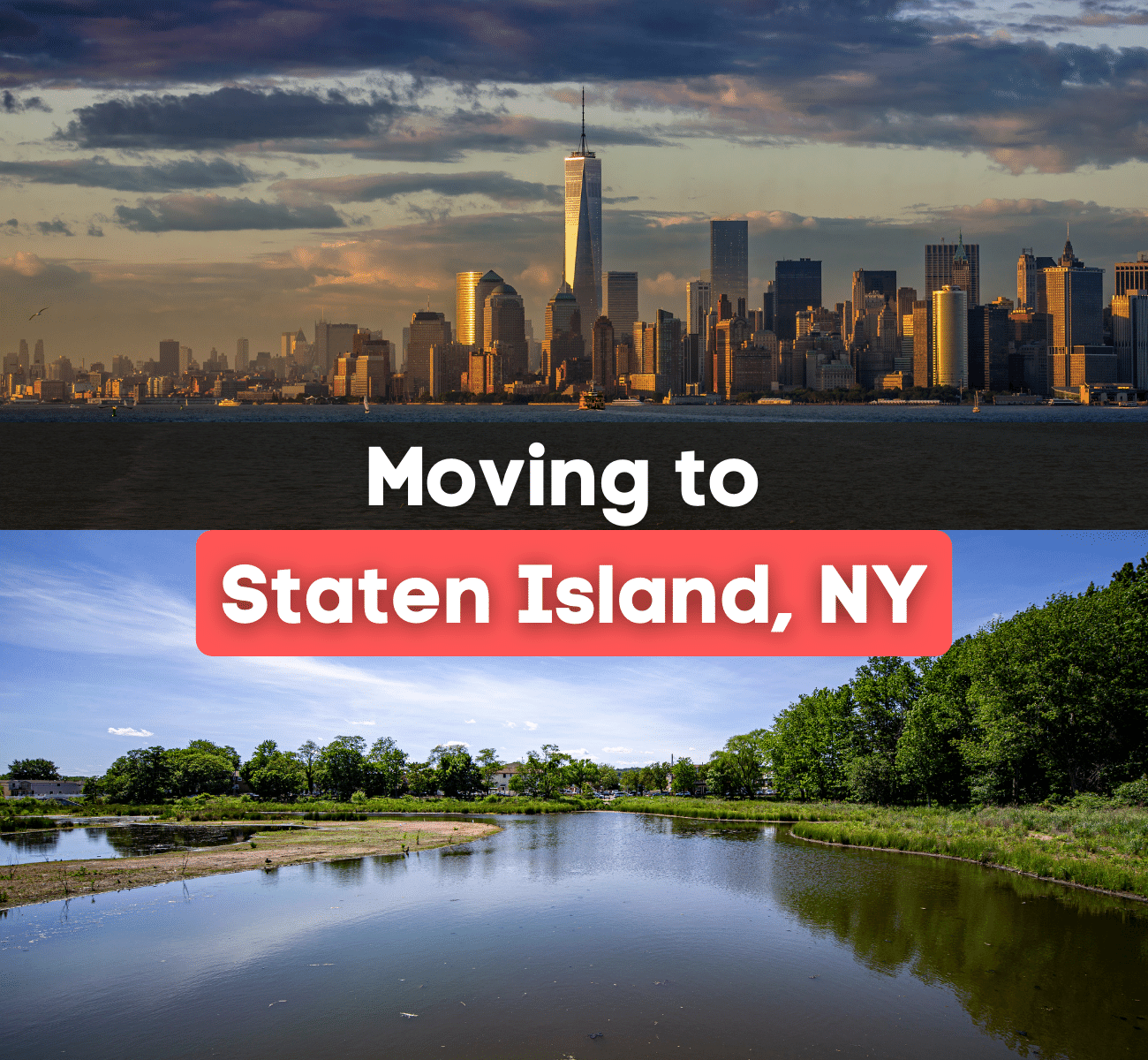 New York City skyline and greenery in Staten Island on a sunny day